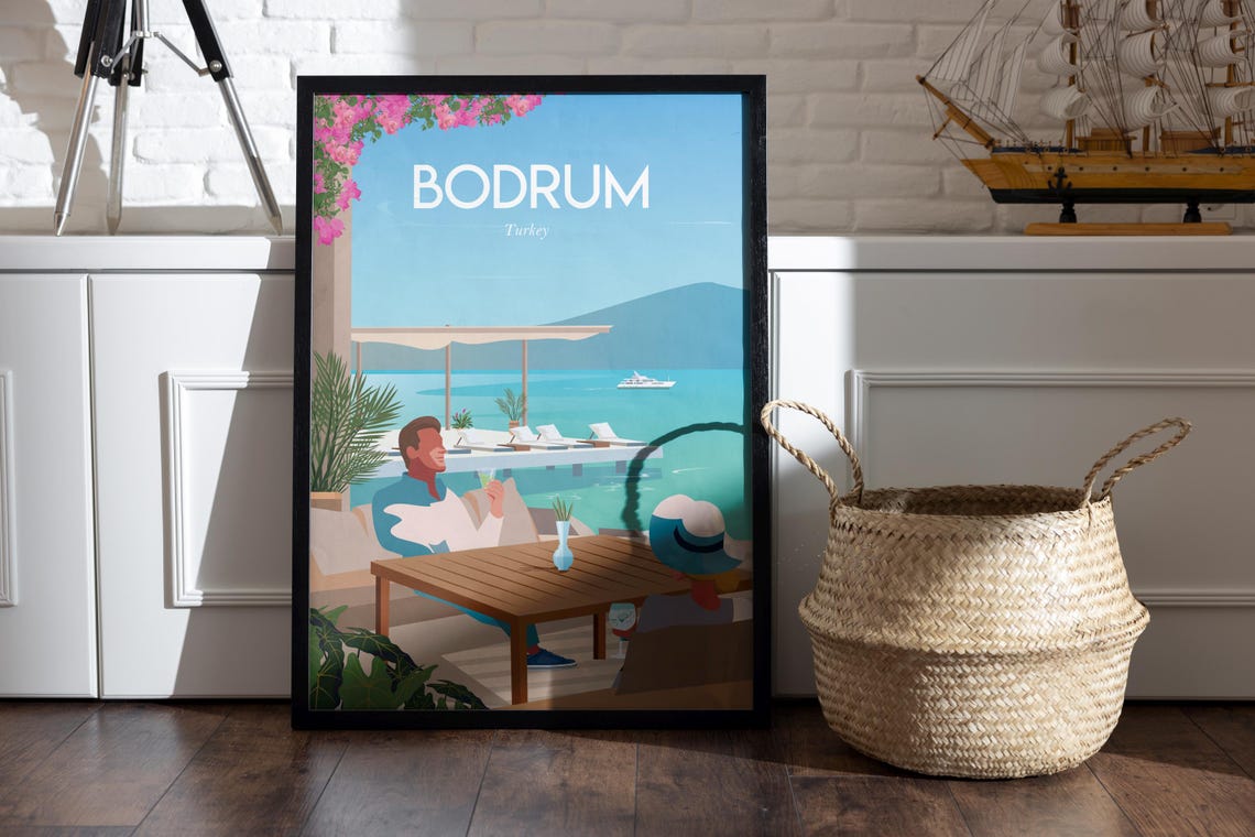 Bodrum Turkey Seaside Travel Poster Couple Dining Terrace View - Image 2