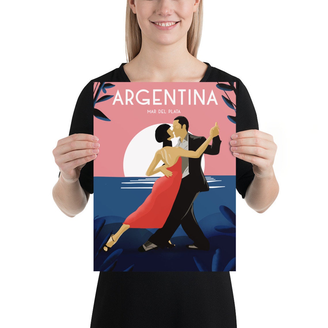 Argentina Tango Travel Poster Mar Del Plata Sunset Dance Scene - Image 2