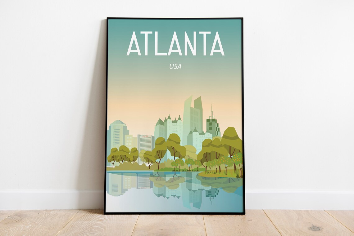 Atlanta USA Pastel Skyline Travel Poster with Lake Reflection