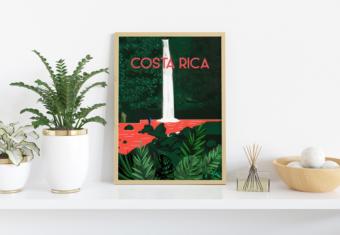 Costa Rica Travel Poster Jungle Waterfall Tropical Forest Scene - Image 2