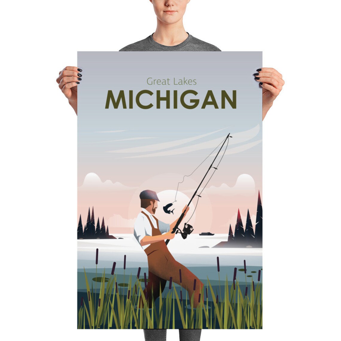 Michigan Great Lakes Vintage Fisherman Sunset Lake Travel Poster - Image 2