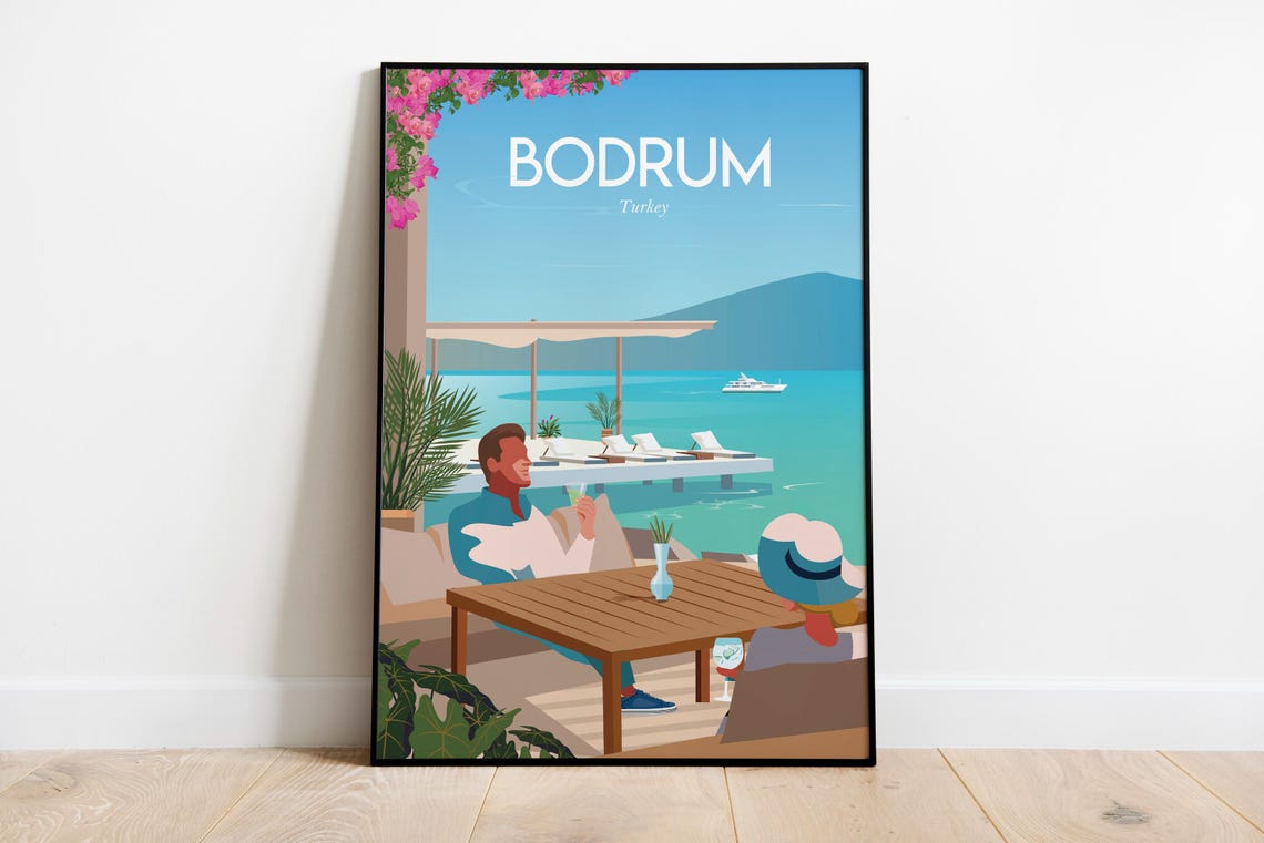 Bodrum Turkey Seaside Travel Poster Couple Dining Terrace View