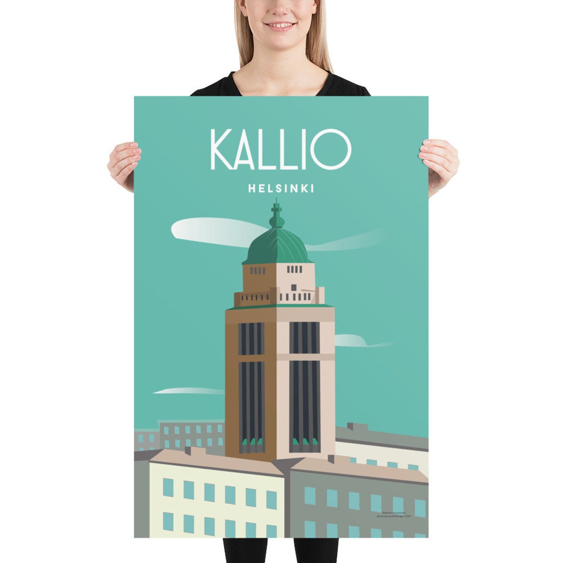 Kallio Helsinki Church Tower Teal Illustration Travel Poster - Image 2