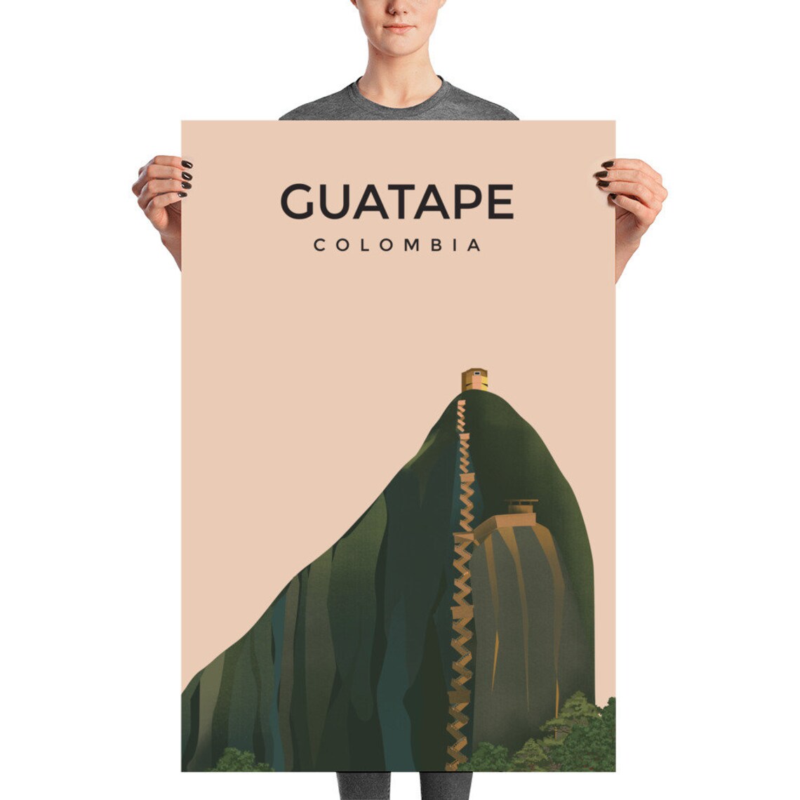 Guatape Colombia Giant Rock Zigzag Staircase Modern Travel Poster - Image 2