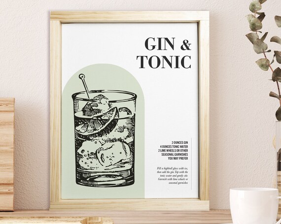 Gin And Tonic Classic Cocktail Recipe Poster With Vintage Glass Illustration