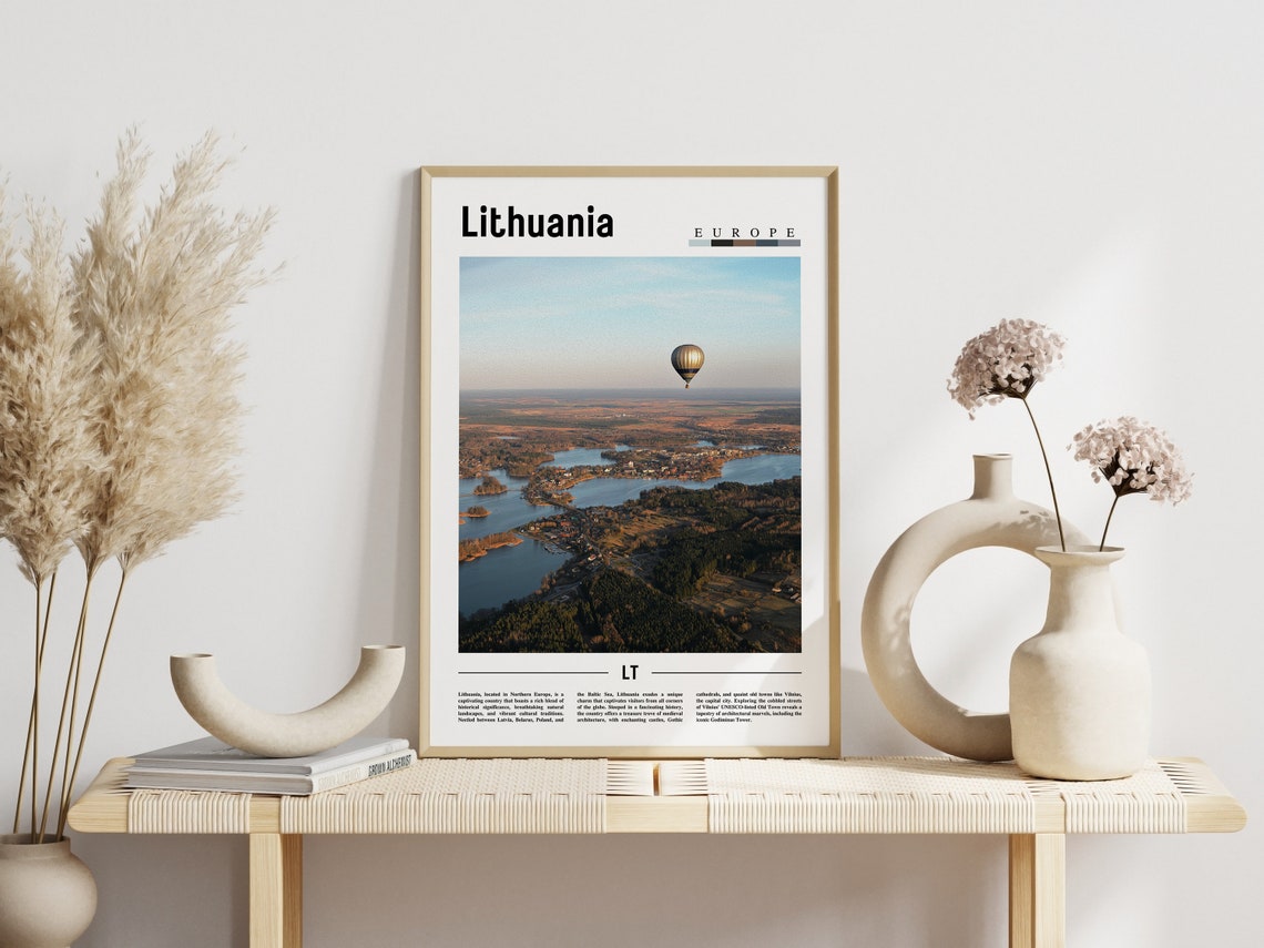 Lithuania Europe Travel Poster Hot Air Balloon Over Lakes at Sunrise - Image 3