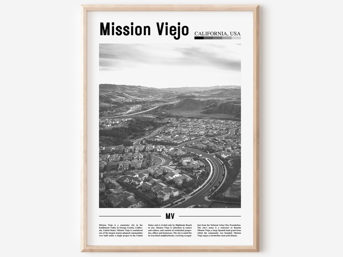 Mission Viejo California Black And White Hills Suburban Travel Poster