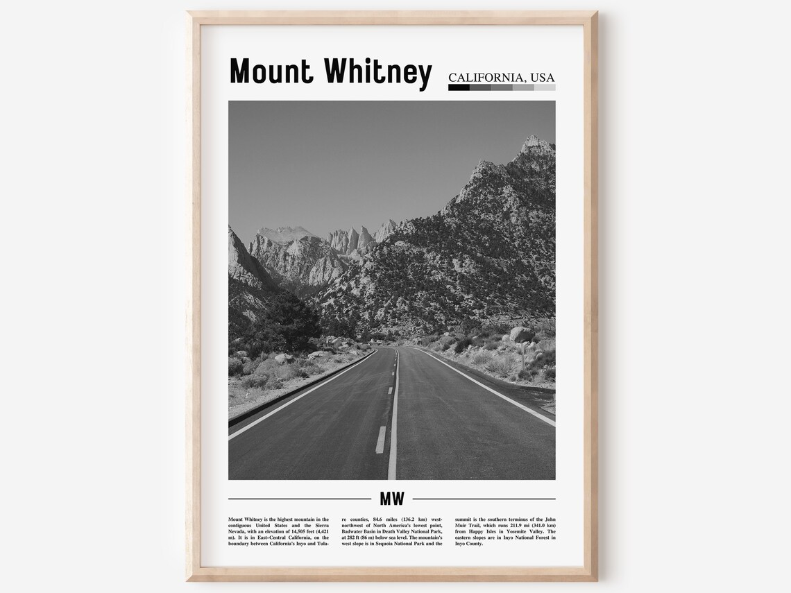Mount Whitney California USA Black and White Mountain Travel Poster