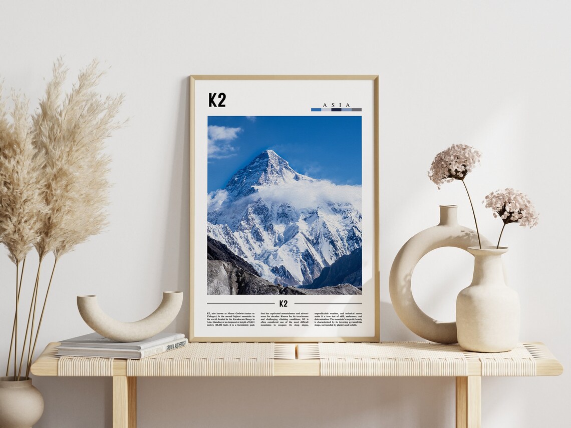 K2 Mountain Asia Travel Poster Snow Capped Karakoram Peak Photo - Image 3