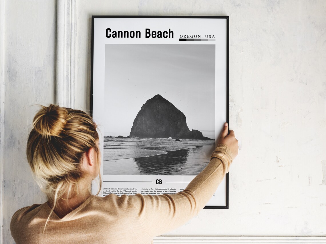 Cannon Beach Oregon Black And White Travel Poster Haystack Rock Coast - Image 2