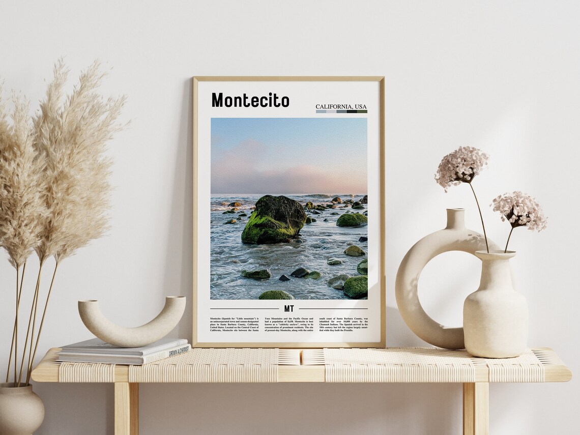 Montecito California Rocky Beach Mossy Boulders Minimal Travel Poster - Image 3