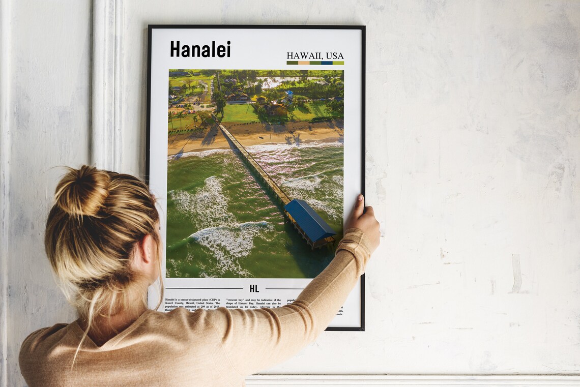 Hanalei Hawaii Aerial Pier Beach Surf Kauai Island Travel Poster - Image 2