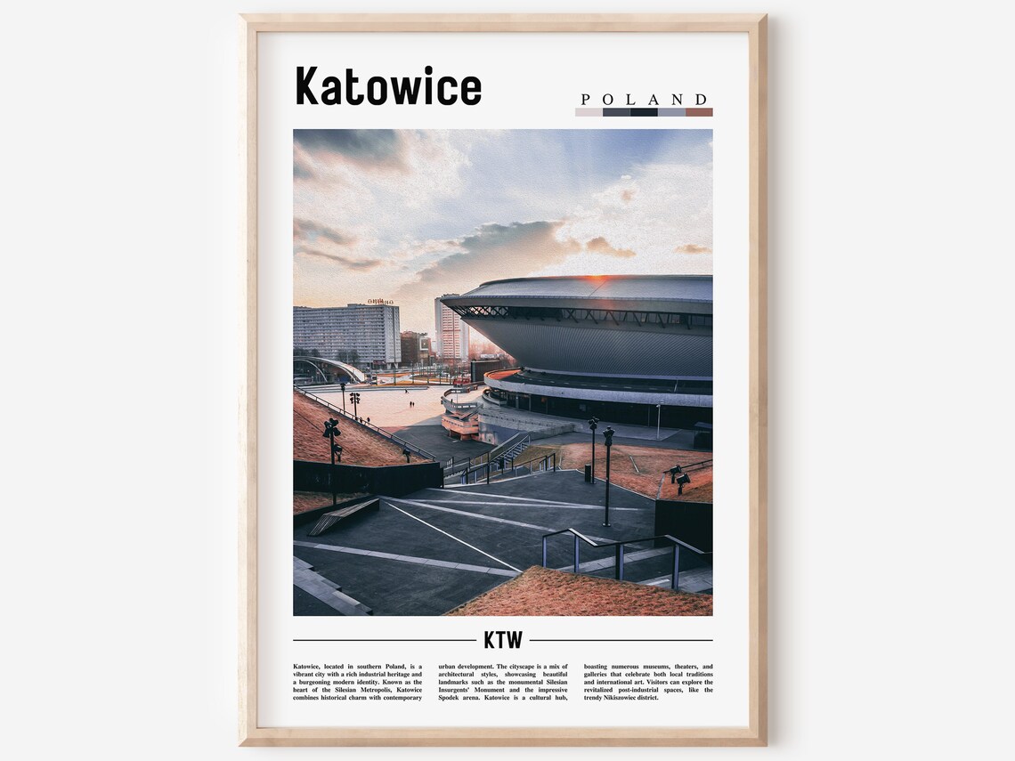Katowice Poland Modern Spodek Arena Sunset City Travel Poster