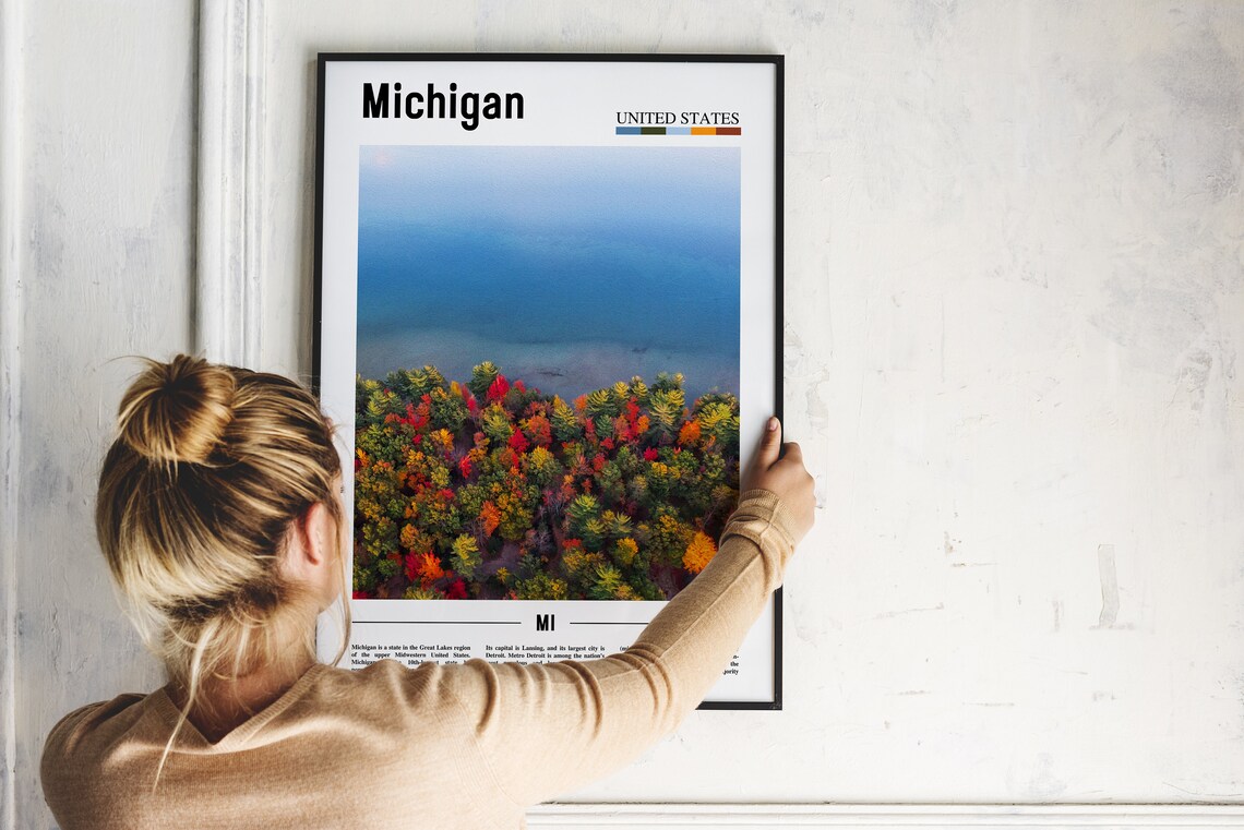 Michigan Fall Foliage Aerial Lake Shoreline Photography Travel Poster - Image 2