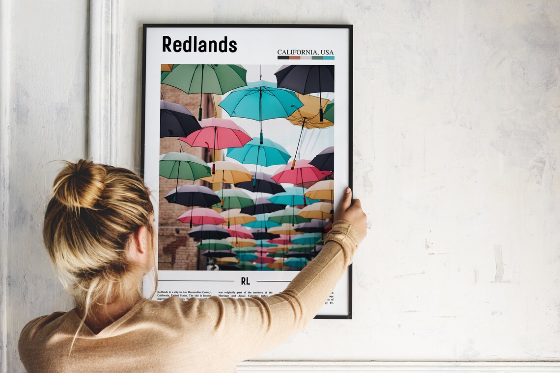 Redlands California Colorful Umbrellas Street Scene Travel Poster - Image 2