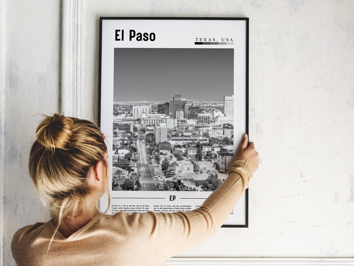 El Paso Texas USA Black White Downtown Skyline Street View Poster - Image 2