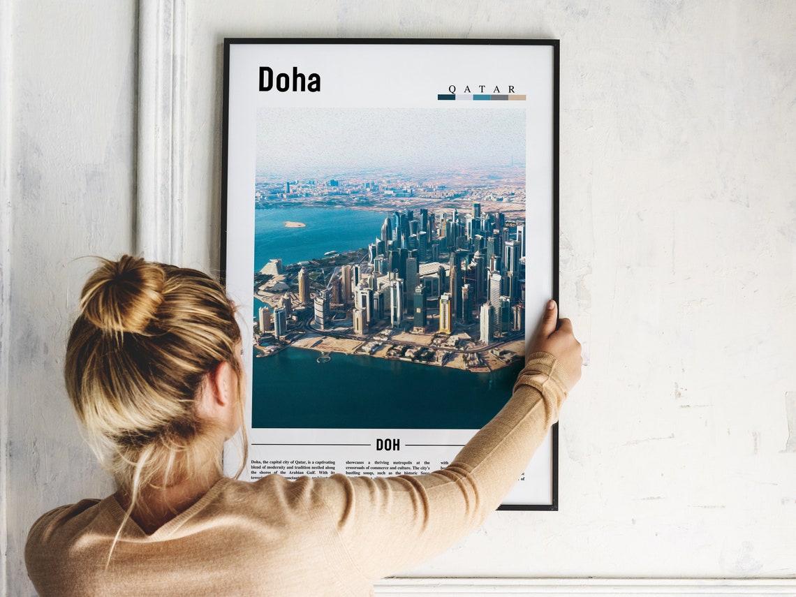 Doha Qatar West Bay City Skyline Aerial Minimal Travel Poster - Image 2