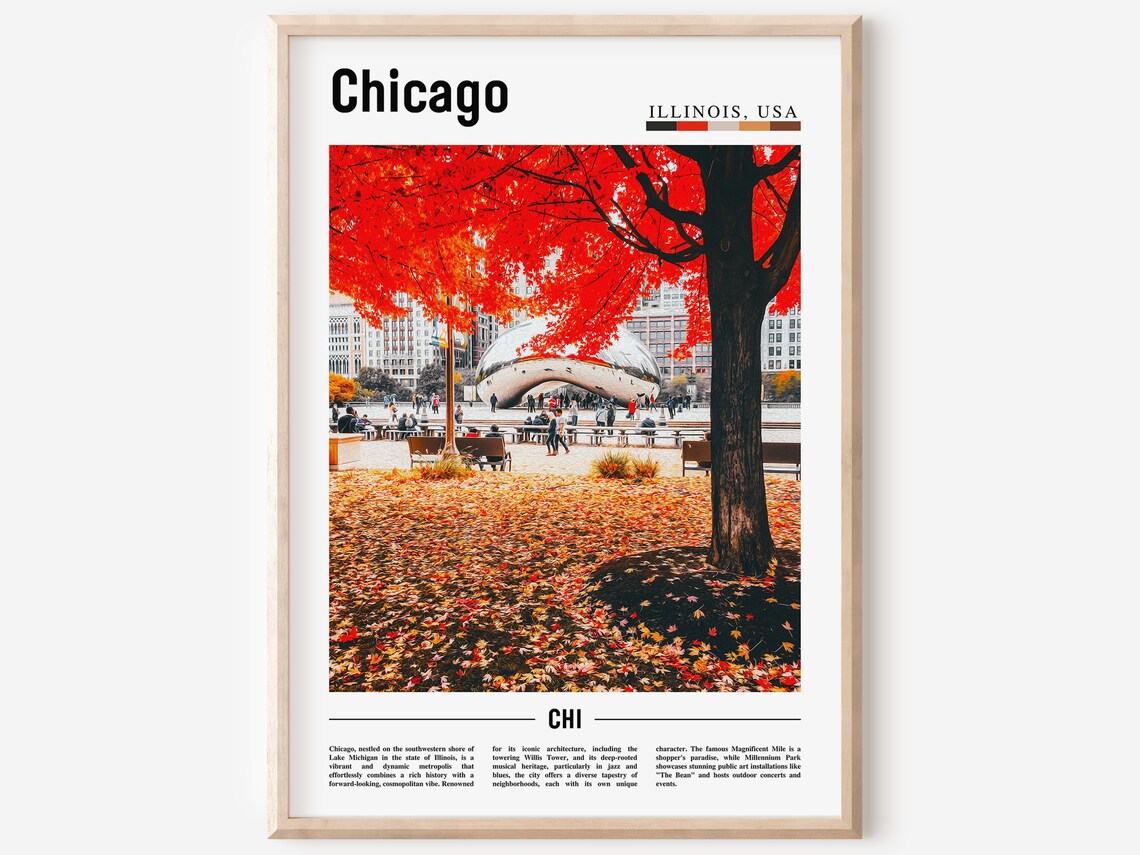Chicago Illinois Cloud Gate Autumn Red Leaves Millennium Park Poster