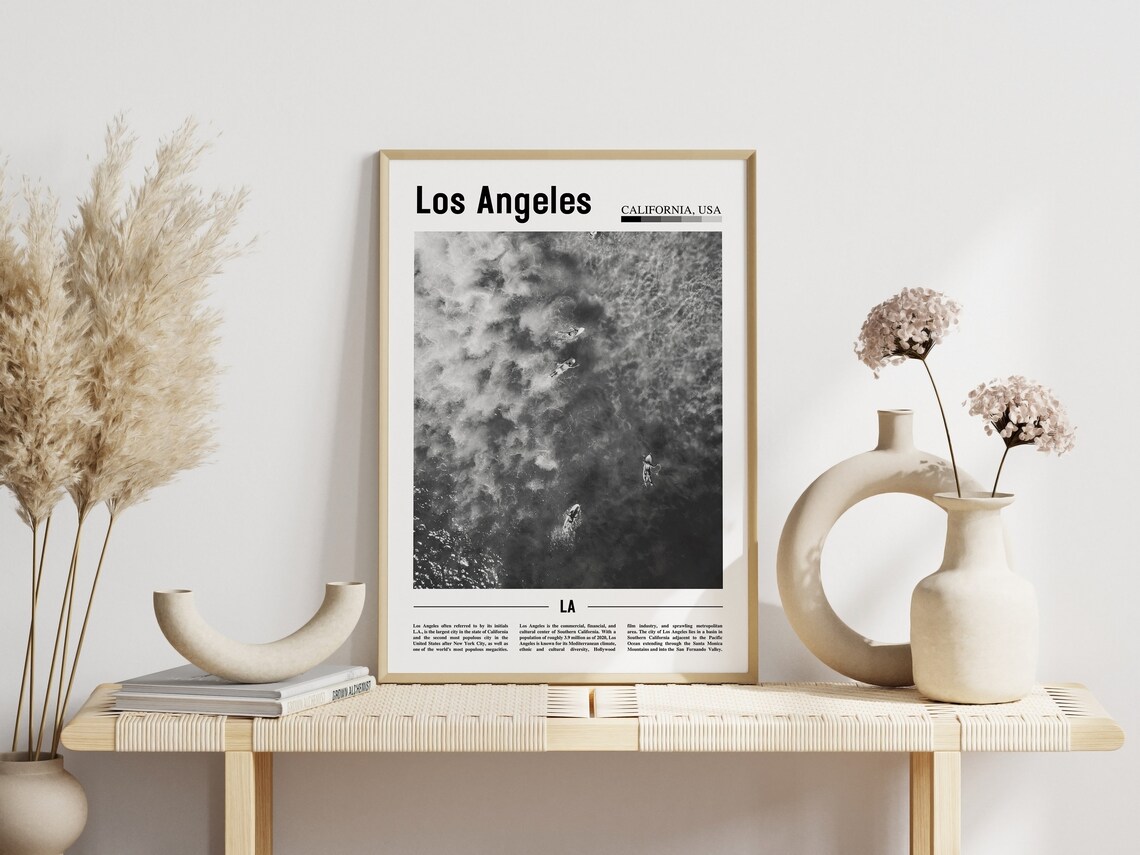 Los Angeles California Black And White Aerial Surfers Ocean Poster - Image 3