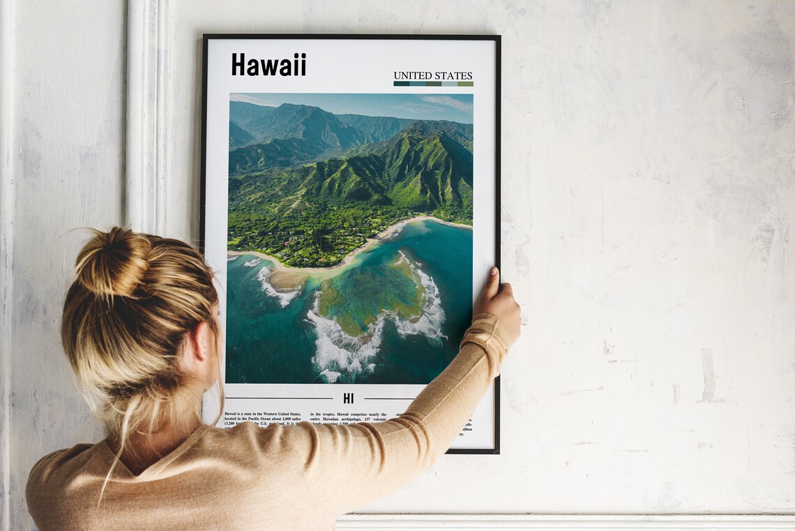 Hawaii Lush Green Mountains Turquoise Coastline Aerial Travel Poster - Image 2