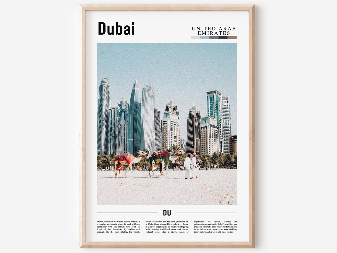 Dubai UAE Marina Skyline Camels Beach Desert City Travel Poster