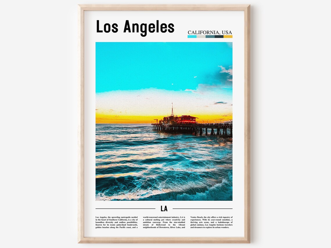 Los Angeles California Travel Poster Santa Monica Pier Sunset