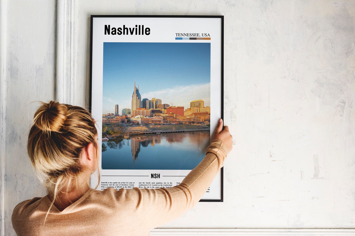 Nashville Tennessee Skyline River Reflections Sunset Travel Poster - Image 2