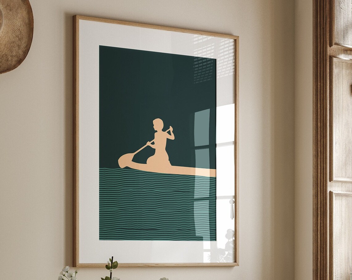 Boho Woman Paddle Board Peach Silhouette Teal Water Sports Poster