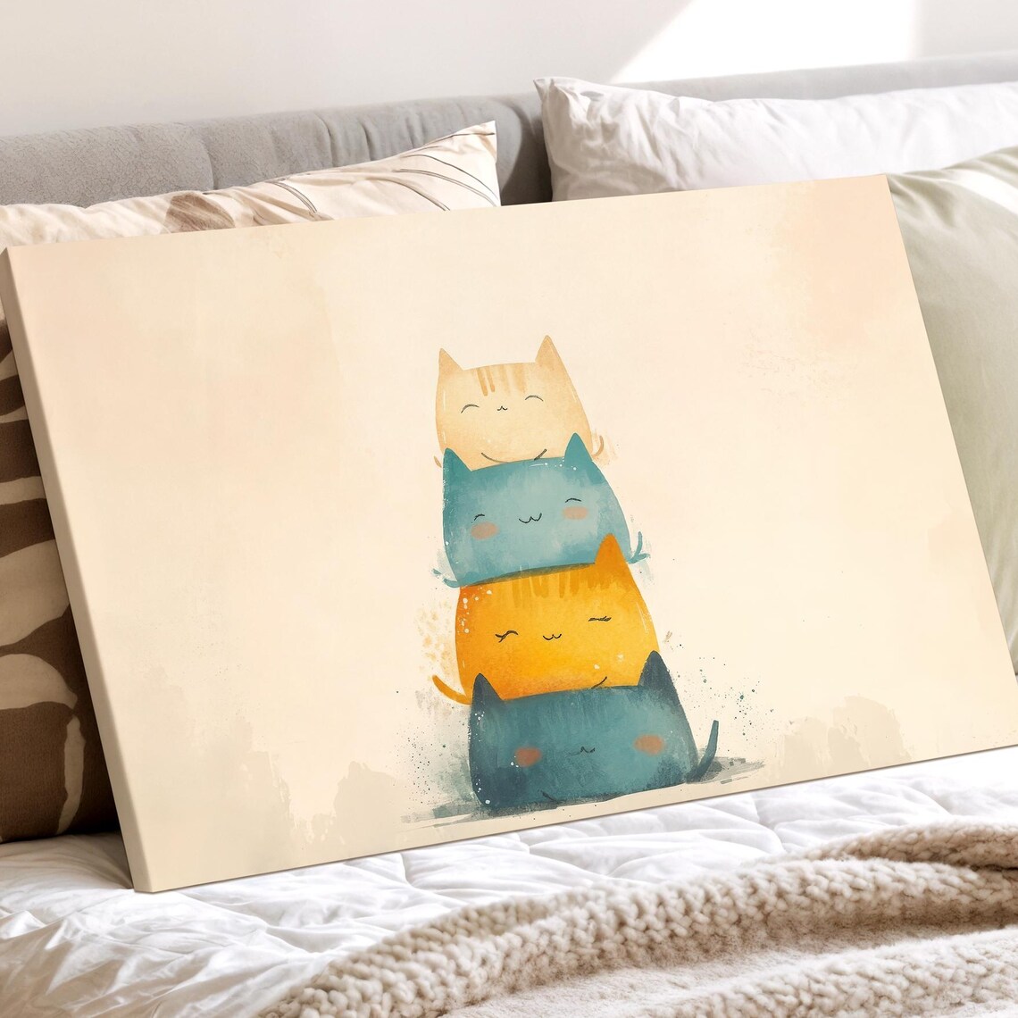 Cute Stacked Watercolor Cats Whimsical Nursery Kids Room Wall Art