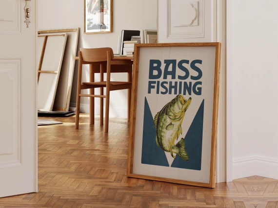 Bass Fishing Print Gift For Fisherman Art Poster Retro Angler Wall Decor Fishing Artwork Outdoorsy Wall Art Fishing Dad