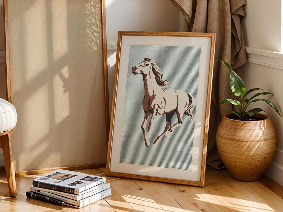 Running Horse Retro Equestrian White Stallion Blue Print Poster - Image 2