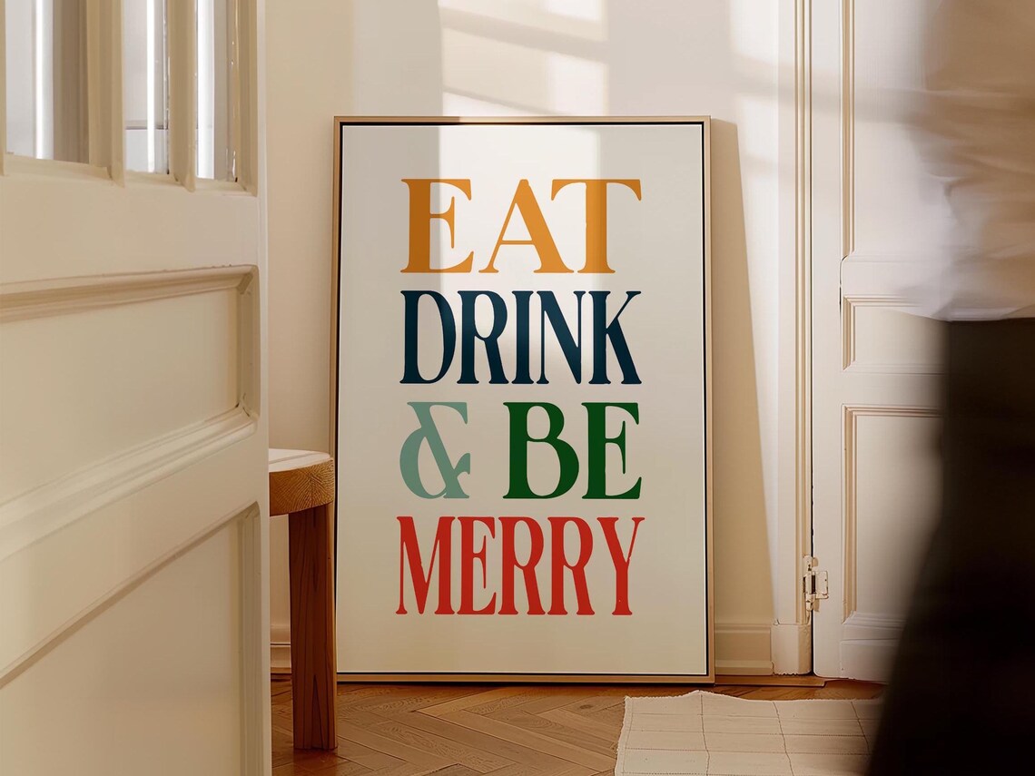 Eat Drink and Be Merry Festive Typography Multicolor Kitchen Wall Poster