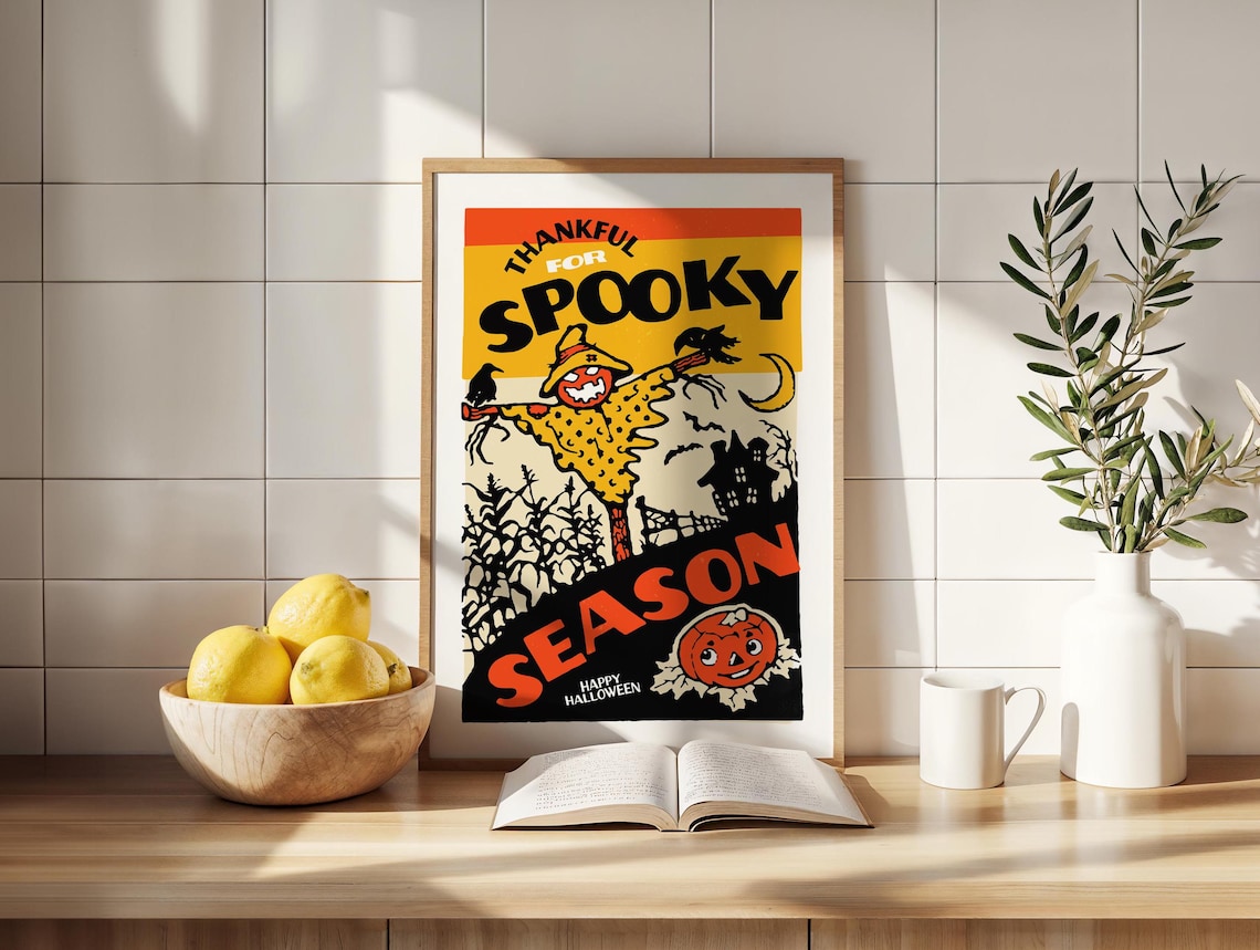 Thankful For Spooky Season Retro Scarecrow Happy Halloween Art Poster