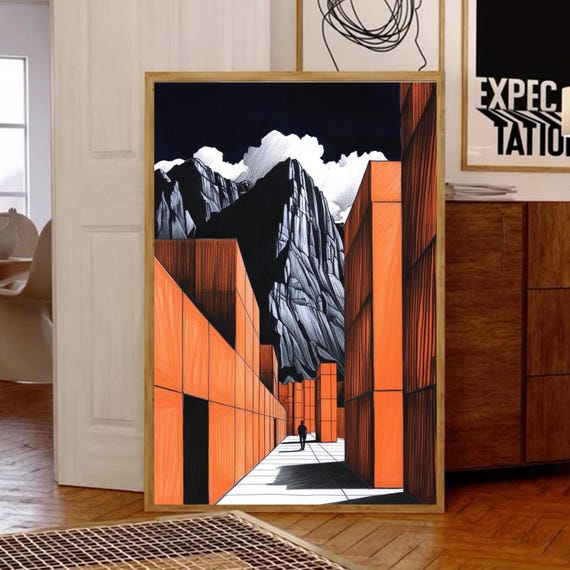Surreal Mountain Modern Architecture, Vintage Print