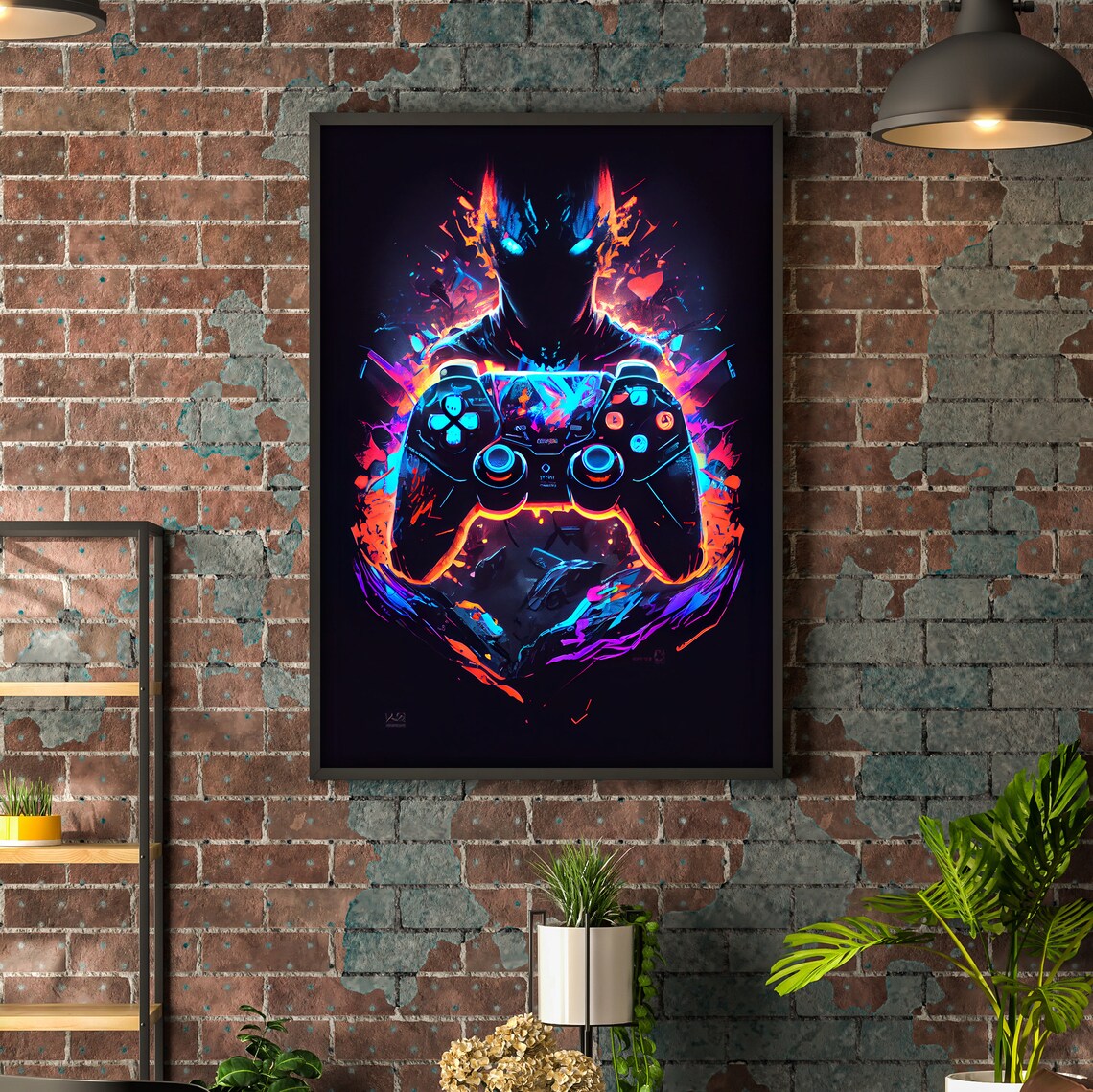 Demon Gamer Neon Controller Flaming Skull Digital Art Poster - Image 3