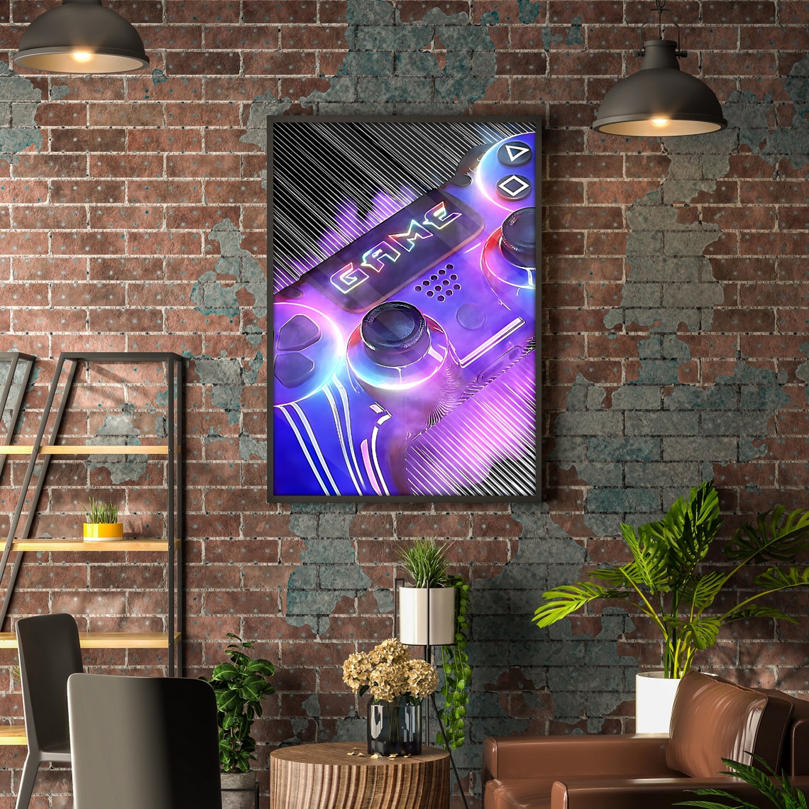 Neon Game Word Glowing Purple Controller Vibrant Closeup Art Poster - Image 2
