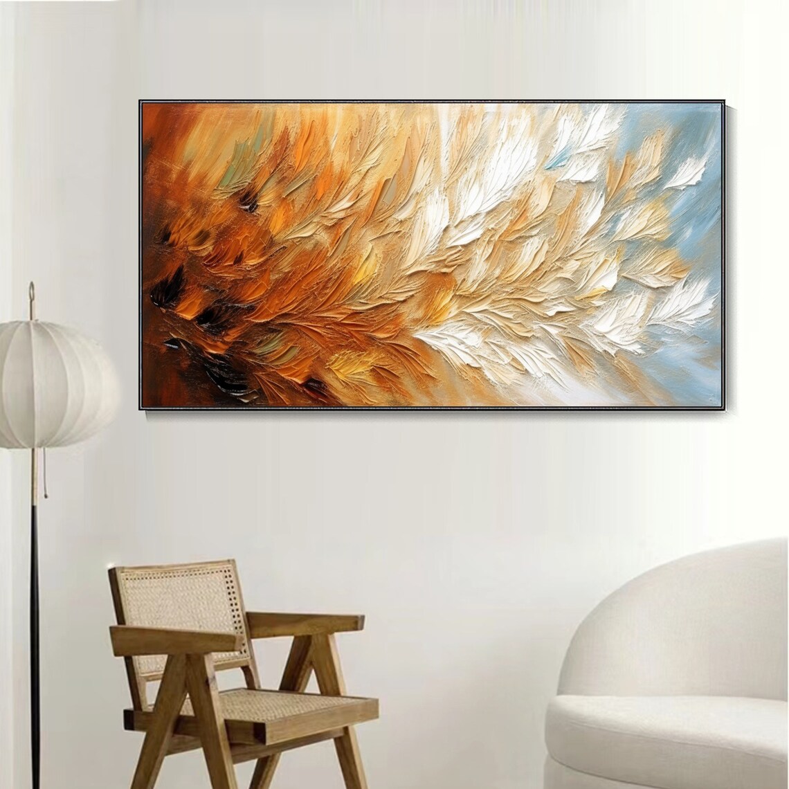 Warm Amber Abstract Feather Texture Thick Oil Painting Art Print - Image 2