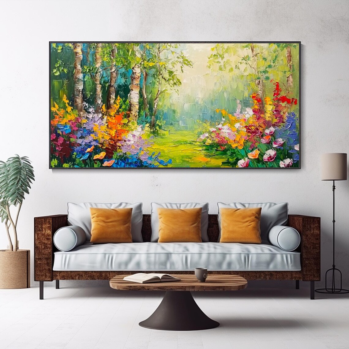 Birch Tree Garden Path Colorful Wildflowers Spring Nature Art Poster - Image 4