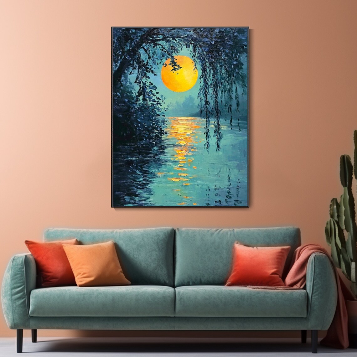 Moonlight Lakeside Reflection Nightscape Oil Painting Forest Moon Wall Art Tranquility Painting Original Landscape Artwork Wall Decor - Image 2