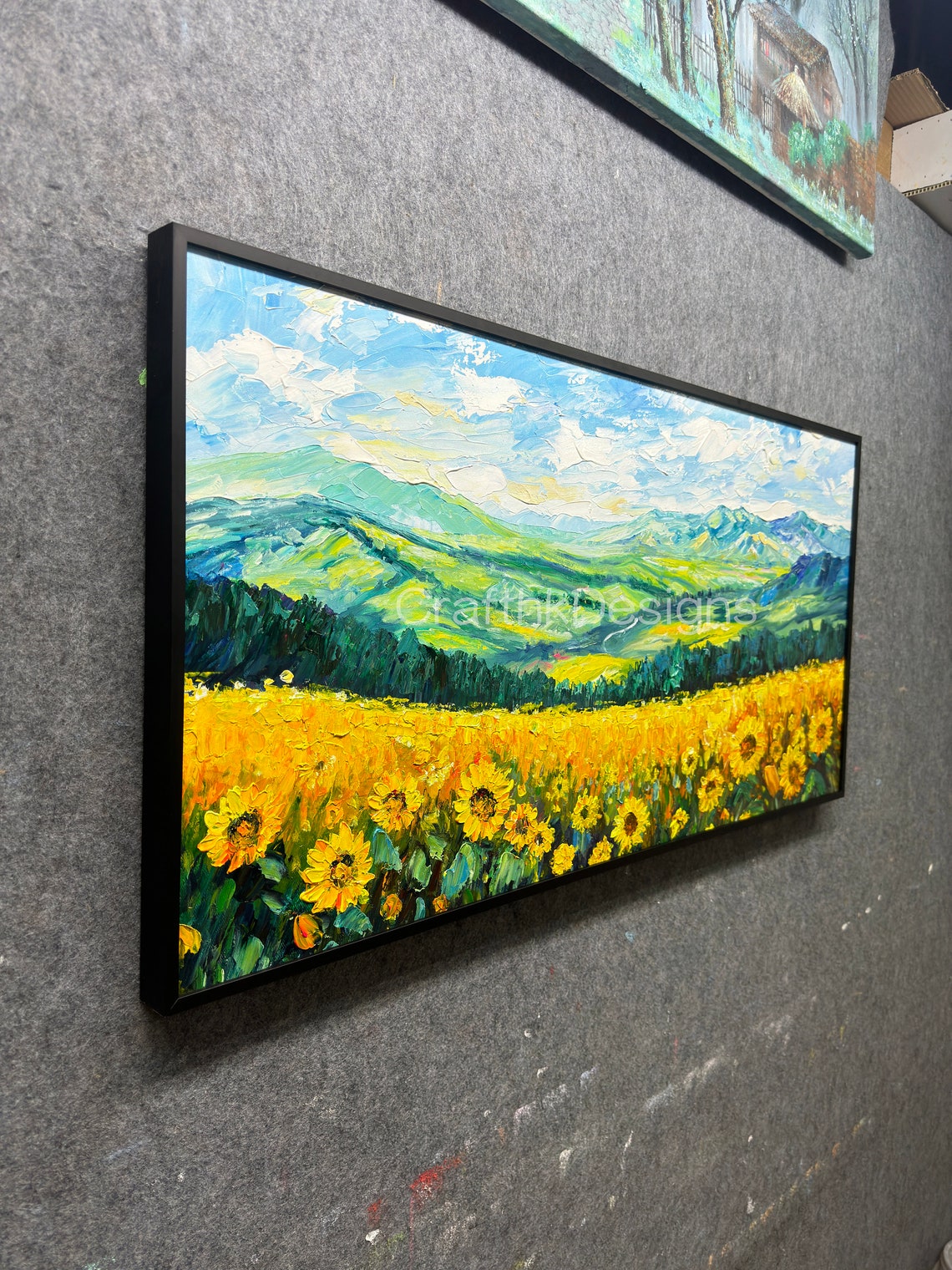 Sunflower Field Mountain Valley Blue Sky Summer Landscape Art Poster - Image 2