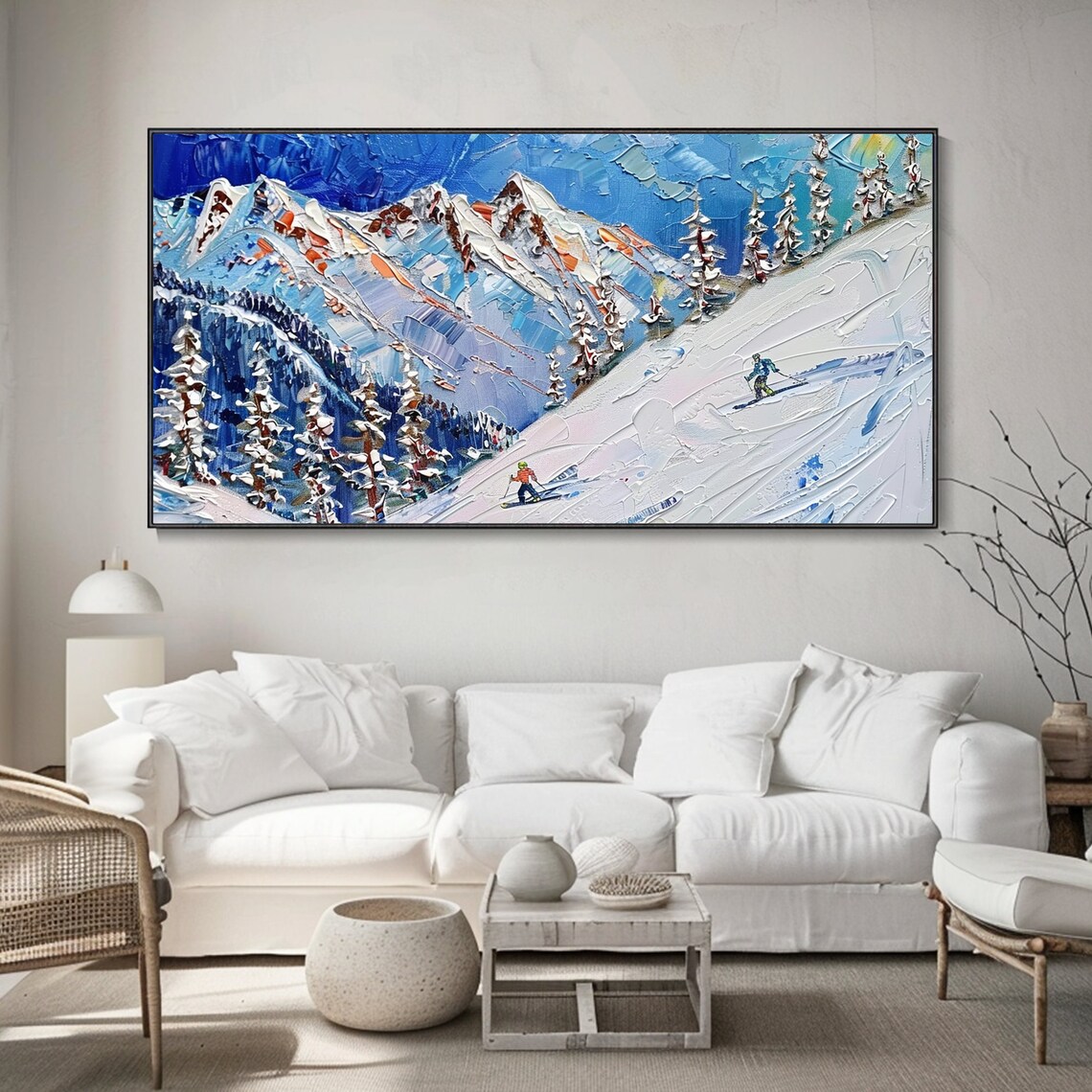 Snowy Mountain Skiing Oil Painting, Winter Landscape - Image 4