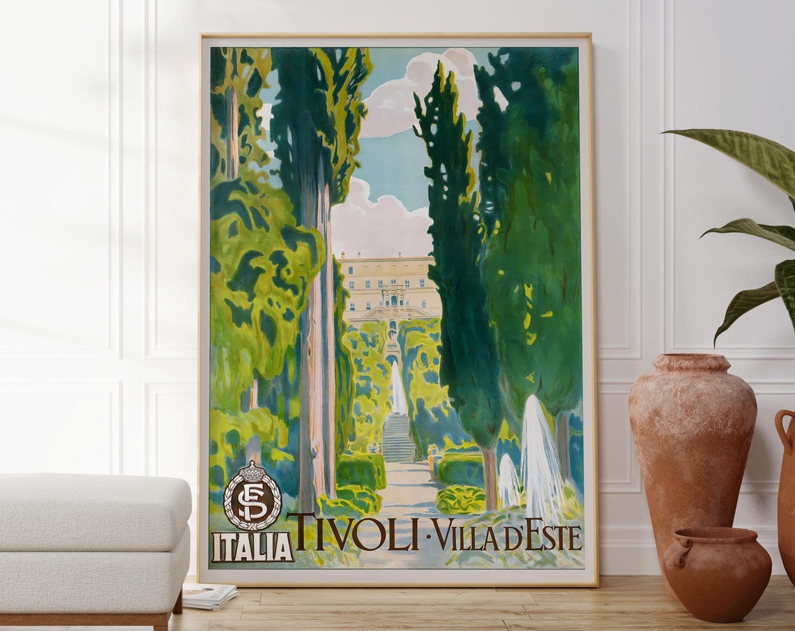 Tivoli Italy Travel Poster Green Natural Landscape Print Vintage Italian Travel Art Holiday Wall Decor Calming Stylish Art Gift For Him