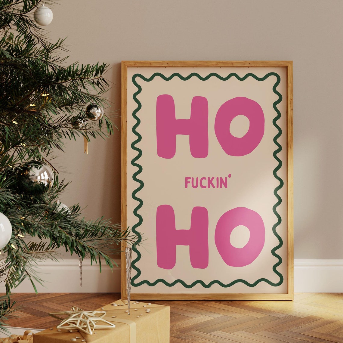 Ho Fuckin Ho Art Print Green And Pink Retro Art Sweary Santa Wall Art Winter Home Decor Xmas Home Decor Funky Sweary Christmas Print