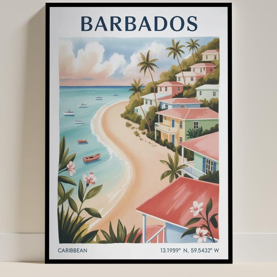 Barbados Vintage Travel Poster, Caribbean Beach