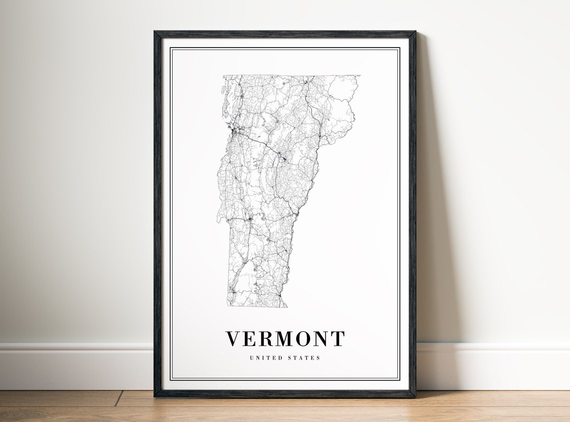 Vermont State Road Map Minimalist Black White Line Art Poster