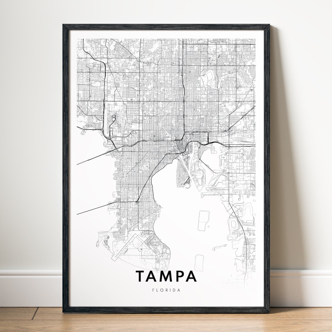 Tampa Florida Bay Area Black and White Minimalist City Map Poster