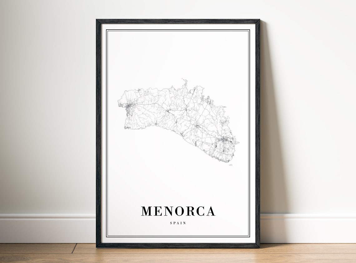 Menorca Spain Balearic Island Minimalist Black White Map Poster