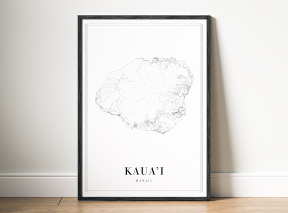 Kauai Hawaii Map Print Black And White Poster Minimalist Wall Art