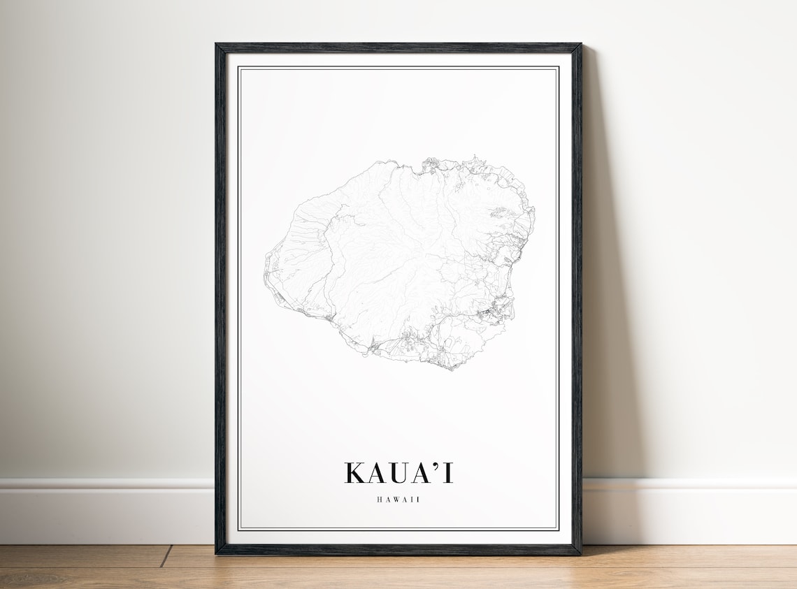 Kauai Hawaii Island Minimalist Black And White Outline Map Poster