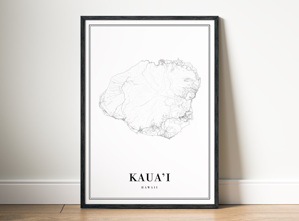 Kauai Hawaii Map Print Black And White Poster Minimalist Wall Art